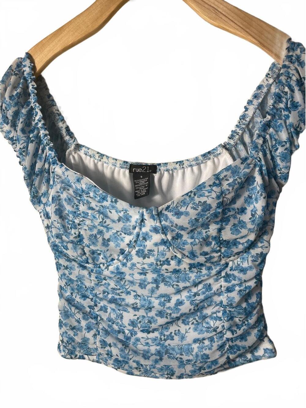 rue21 Blue Floral Ruched Crop Top Womens Size Small Cottagecore Cosette Festival